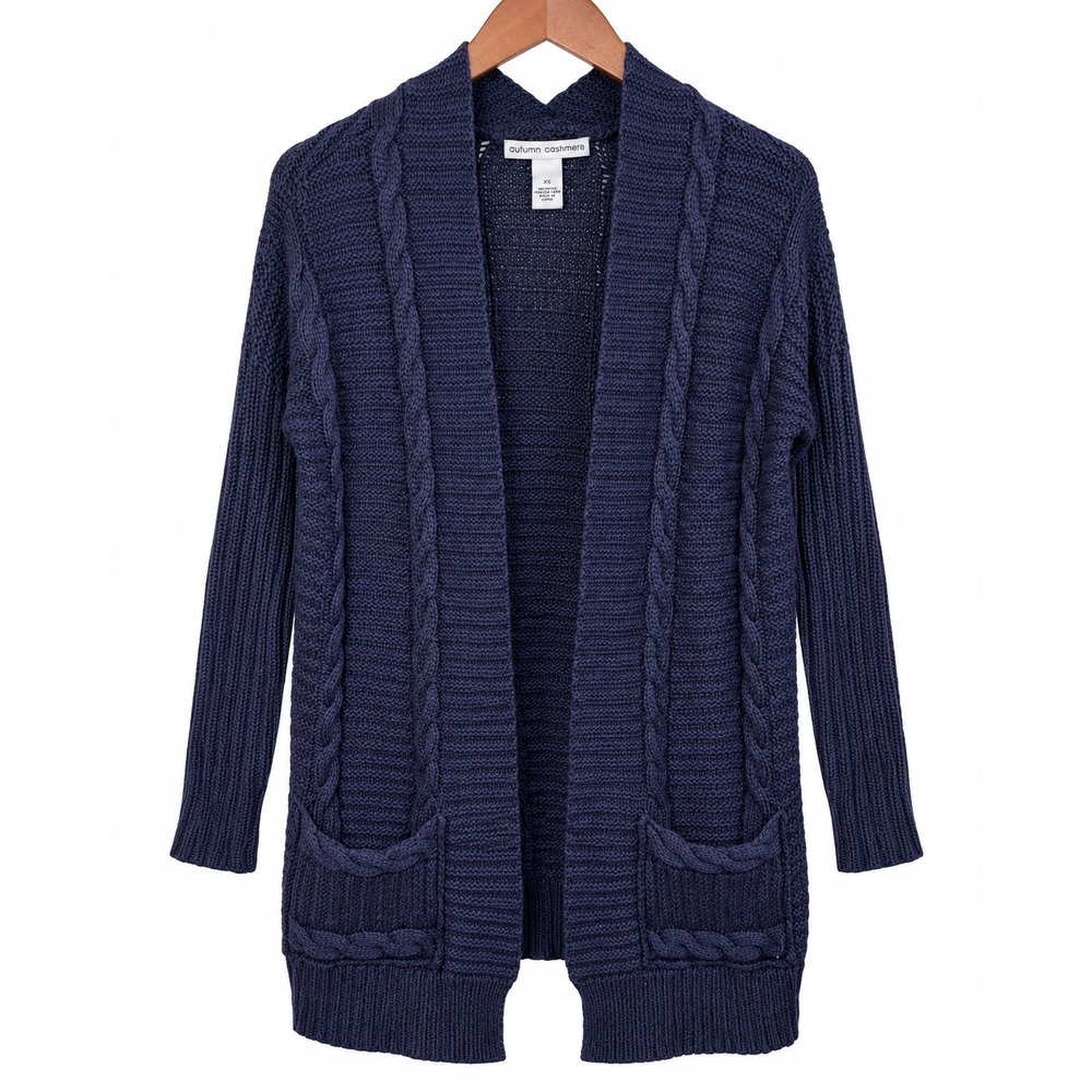 Autumn Cashmere Womens XS / S Navy Blue Long Cable Knit Open Cardigan Pockets